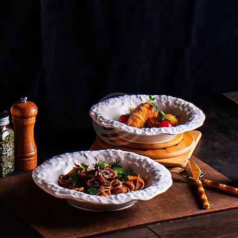 High-End White Ceramic Plate with Rock Pattern Elegant Design Deep Dinner Soup Plate for Home Hotel and Restaurant Tableware