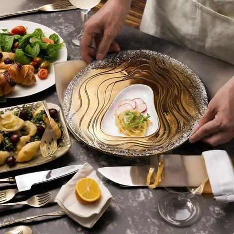 Dinner clear With Gold 11 Inch Charger Plates Western Plate Frosted Marble Steak Restaurant Home