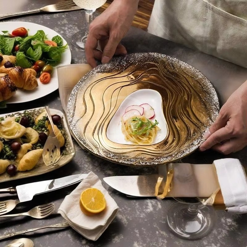 Dinner clear With Gold 11 Inch Charger Plates Western Plate Frosted Marble Steak Restaurant Home