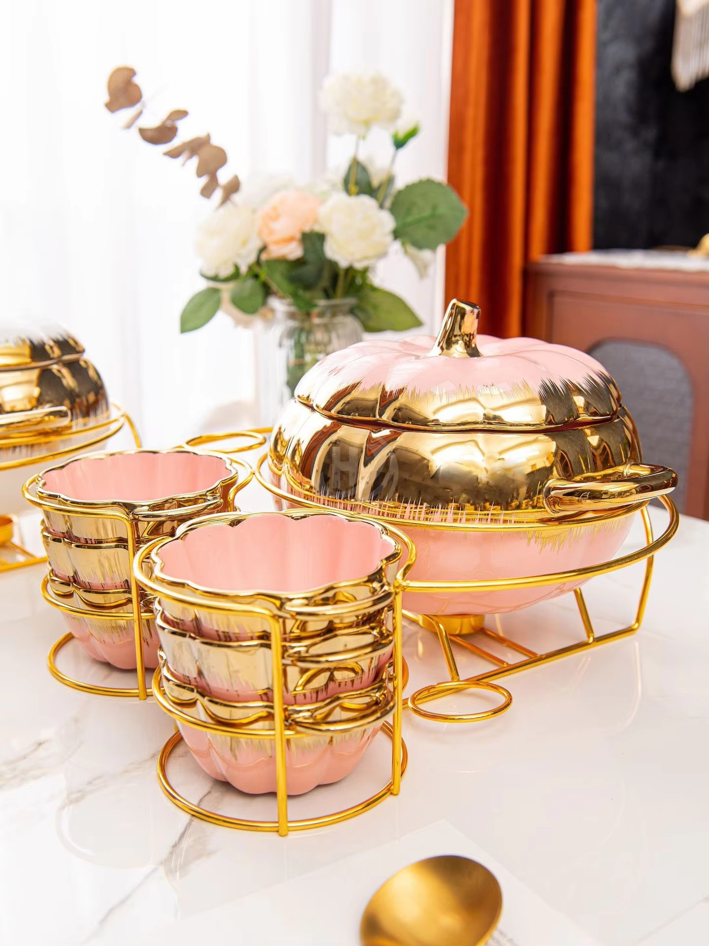 Two-Ear Soup Pot with Pumpkn Ceramic Household Cutlery for Candle Heating and Warmth Dinnerware Set5