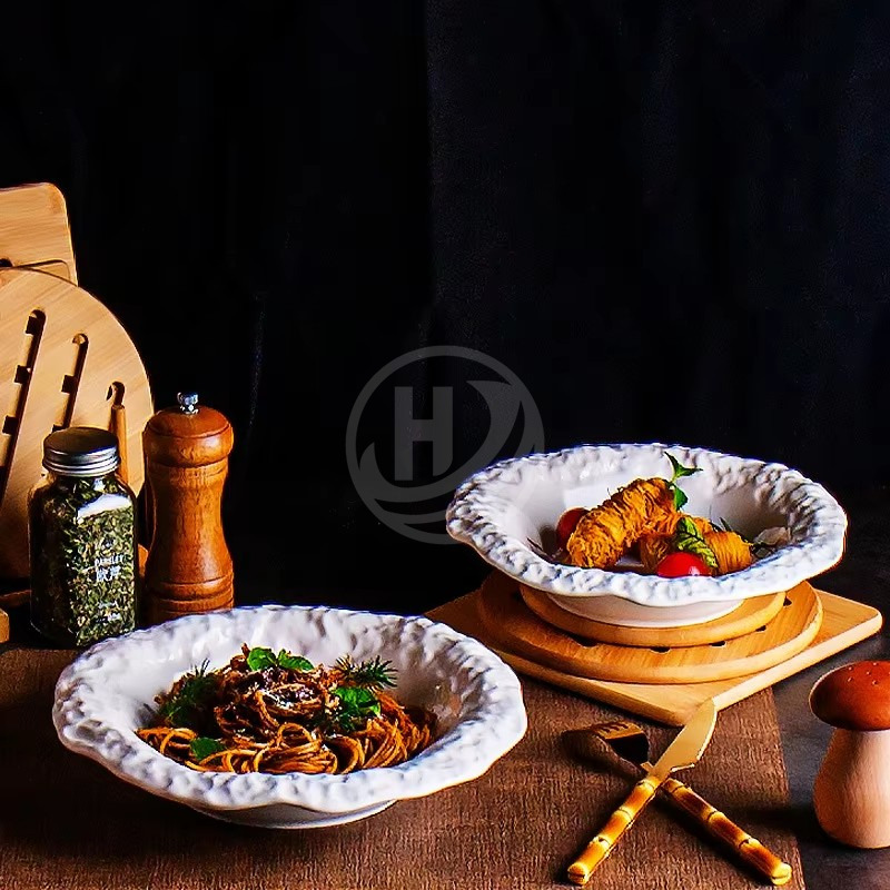 High-End White Ceramic Plate with Rock Pattern Elegant Design Deep Dinner Soup Plate for Home Hotel and Restaurant Tableware