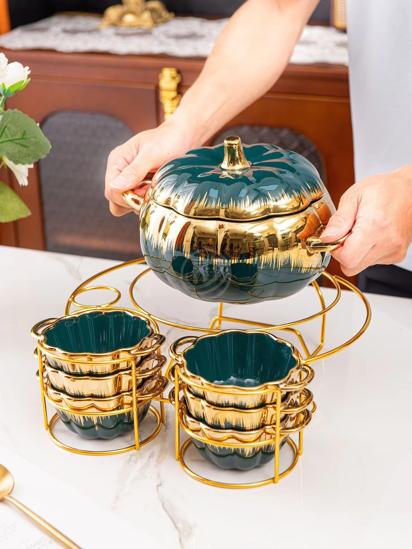 Two-Ear Soup Pot with Pumpkn Ceramic Household Cutlery for Candle Heating and Warmth Dinnerware Set6