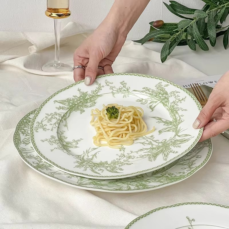 Green Lily Valley Series High Bone Porcelain Western Dining Dinnerware Sets Pastoral Style Ceramic Dishes Includes Plates Bowls
