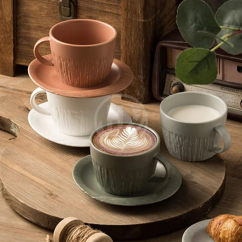 Creative Retro Ceramic Coffee Cup Double-Wall Design Stone Saucer Lid for Home Afternoon Tea Includes Gift Box Dishwasher Safe