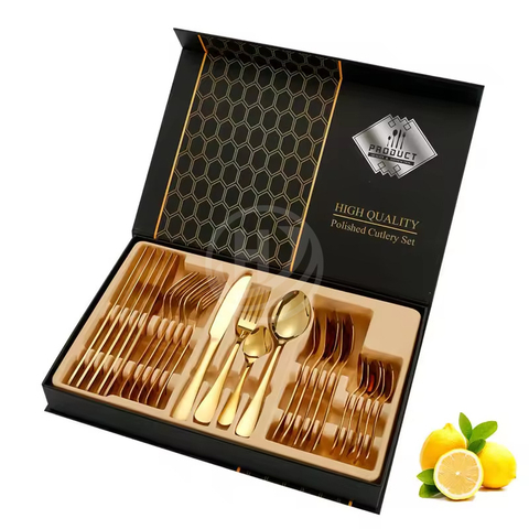 Custom Logo Gold Spoon and Fork Flatware Set Stainless Steel Cutlery Set With Box 24pcs Luxury Gift Gold Cutlery Set