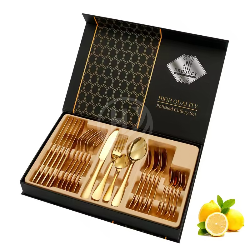 Custom Logo Gold Spoon and Fork Flatware Set Stainless Steel Cutlery Set With Box 24pcs Luxury Gift Gold Cutlery Set