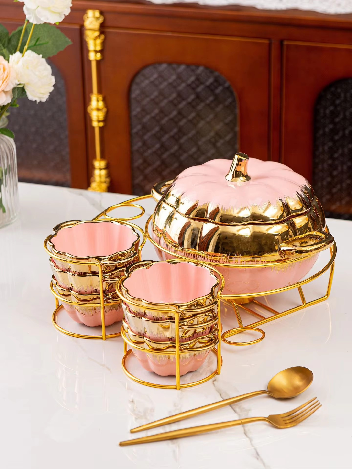 Two-Ear Soup Pot with Pumpkn Ceramic Household Cutlery for Candle Heating and Warmth Dinnerware Set