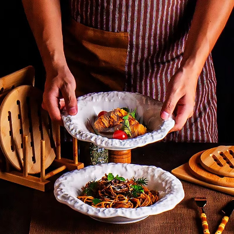 High-End White Ceramic Plate with Rock Pattern Elegant Design Deep Dinner Soup Plate for Home Hotel and Restaurant Tableware