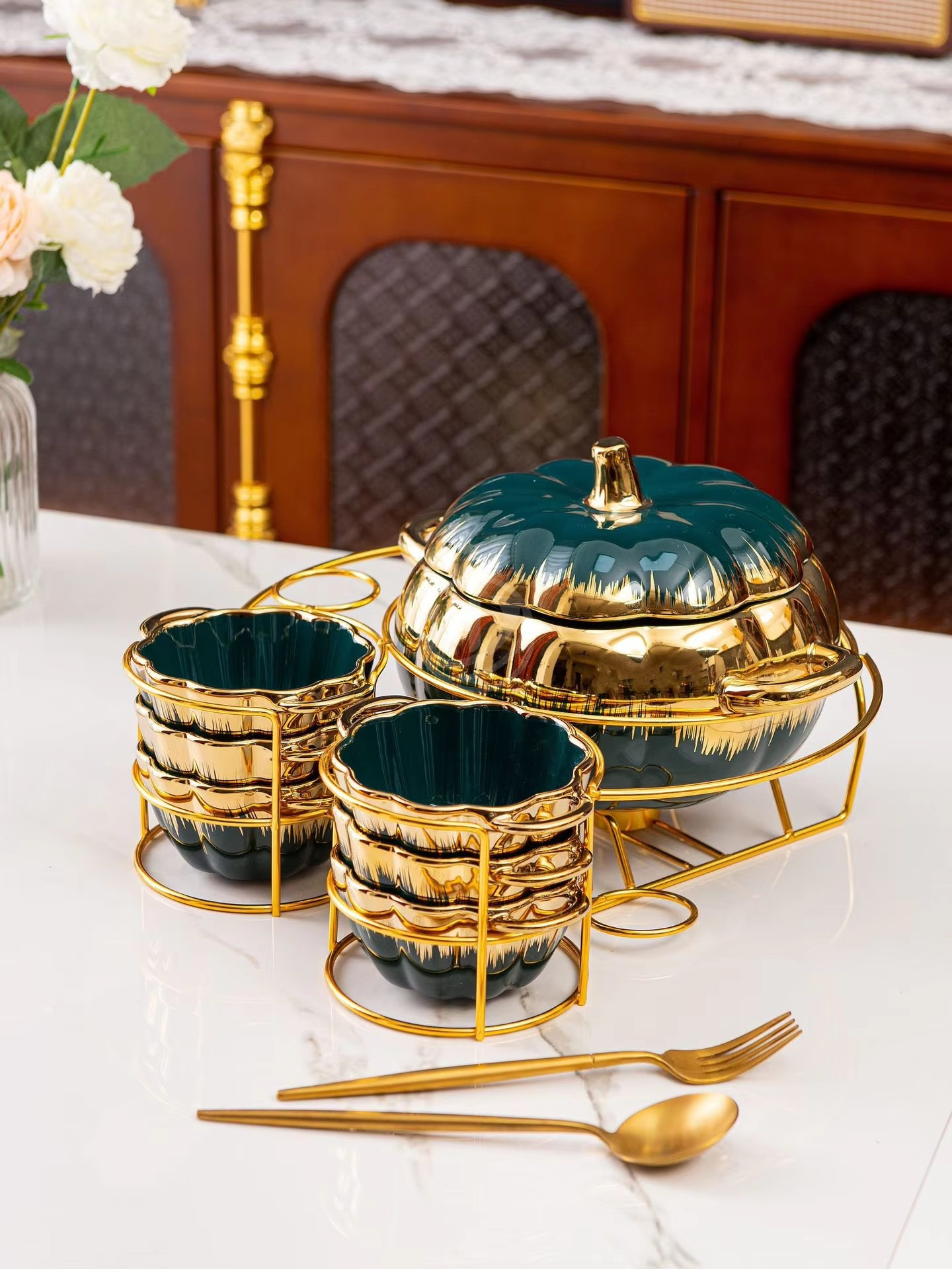 Two-Ear Soup Pot with Pumpkn Ceramic Household Cutlery for Candle Heating and Warmth Dinnerware Set