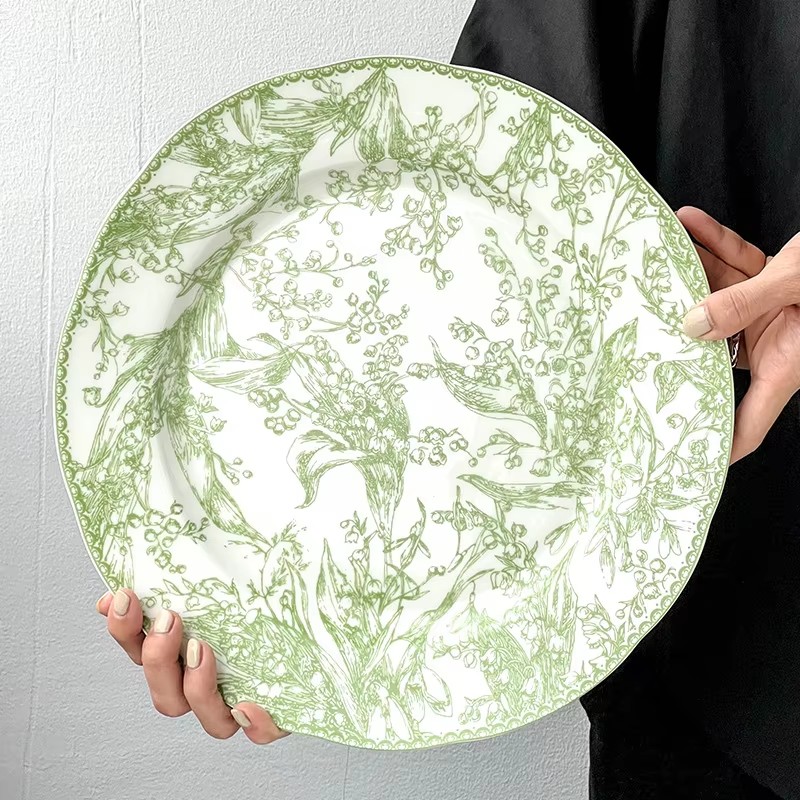 Green Lily Valley Series High Bone Porcelain Western Dining Dinnerware Sets Pastoral Style Ceramic Dishes Includes Plates Bowls