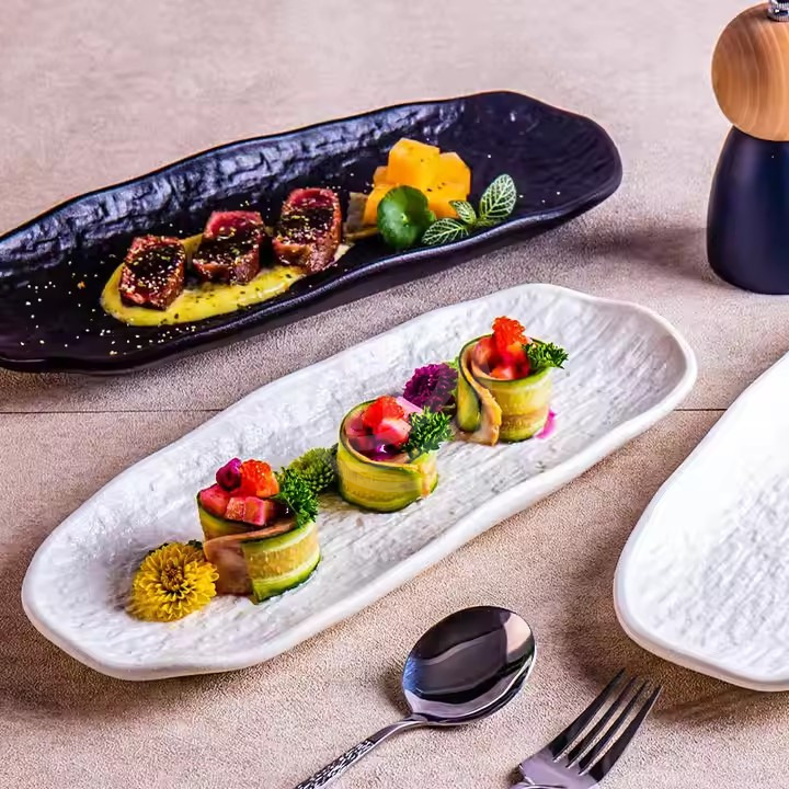 Creative Japandi Sushi Breakfast Dish Frosted White Black Rock Pattern Rectangular Ceramic Plate for Household & Commercial Use