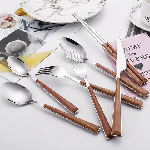 Hot Sale Stainless Steel Cutlery Set Wooden Handle Golden Silverware Hotel Restaurant Flatware Mirror Polish Besteck for Parties