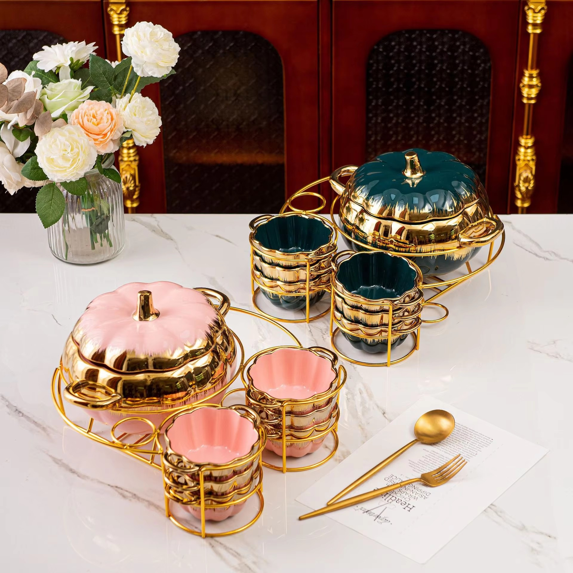 Two-Ear Soup Pot with Pumpkn Ceramic Household Cutlery for Candle Heating and Warmth Dinnerware Set7