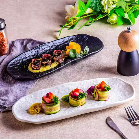 Creative Japandi Sushi Breakfast Dish Frosted White Black Rock Pattern Rectangular Ceramic Plate for Household & Commercial Use