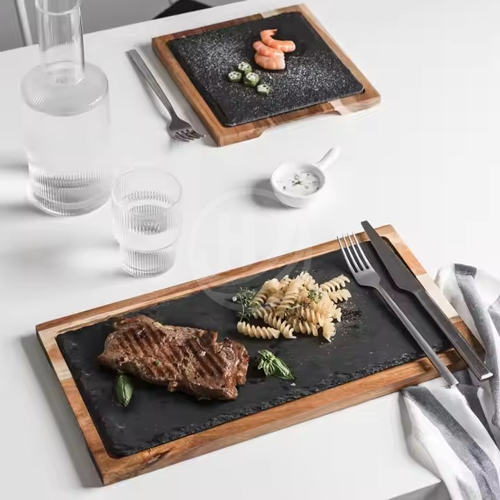 Multipurpose Acacia Wood Steak Serving Board for BBQ & Grill Slate Stone Charcuterie Dish
