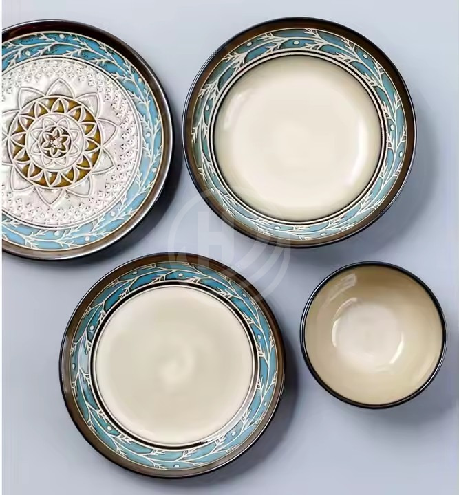 Vintage Style Blue Leaf Pattern Ceramic Charger Plates&Dishes Dinnerware Sets for Business Gifts and Kitchen Use