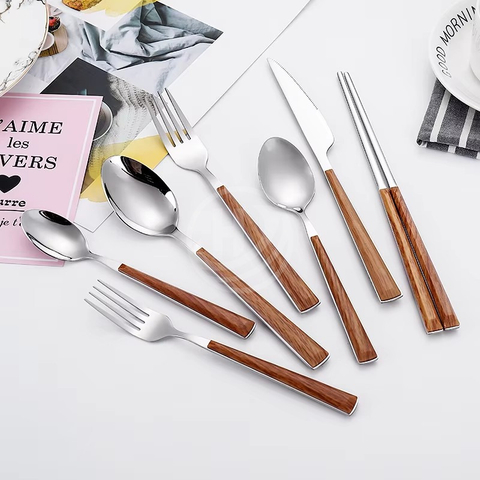 Hot Sale Stainless Steel Cutlery Set Wooden Handle Golden Silverware Hotel Restaurant Flatware Mirror Polish Besteck for Parties