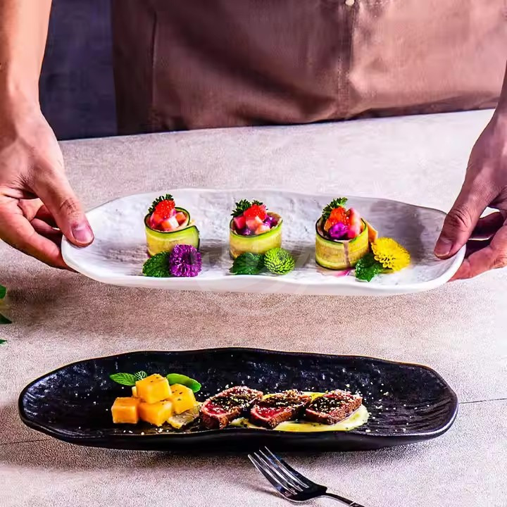 Creative Japandi Sushi Breakfast Dish Frosted White Black Rock Pattern Rectangular Ceramic Plate for Household & Commercial Use