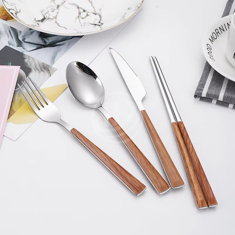 Hot Sale Stainless Steel Cutlery Set Wooden Handle Golden Silverware Hotel Restaurant Flatware Mirror Polish Besteck for Parties