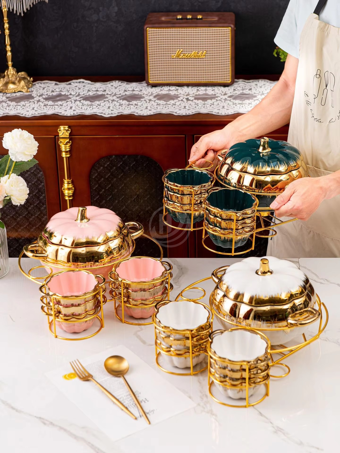 Two-Ear Soup Pot with Pumpkn Ceramic Household Cutlery for Candle Heating and Warmth Dinnerware Set