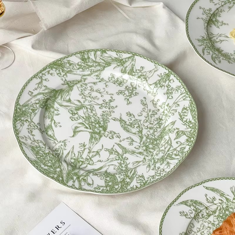 Green Lily Valley Series High Bone Porcelain Western Dining Dinnerware Sets Pastoral Style Ceramic Dishes Includes Plates Bowls