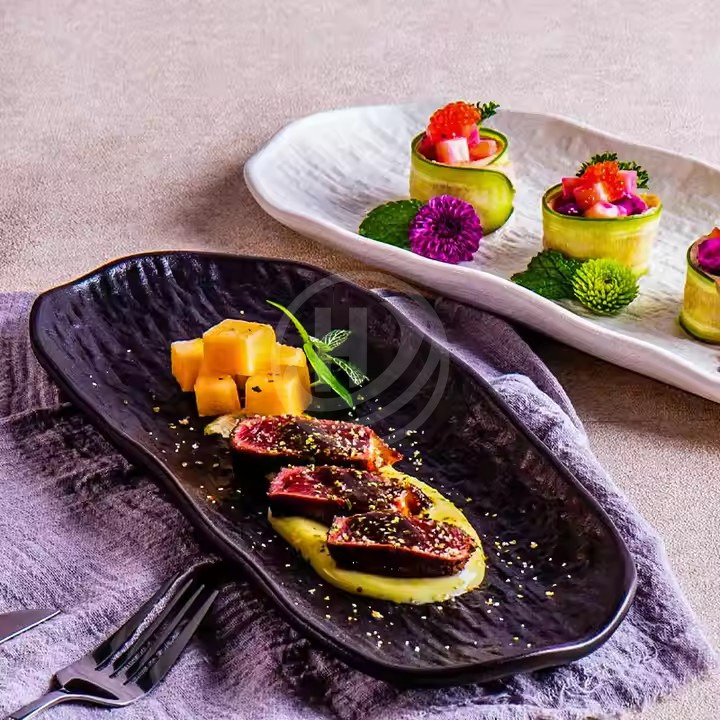 Creative Japandi Sushi Breakfast Dish Frosted White Black Rock Pattern Rectangular Ceramic Plate for Household & Commercial Use