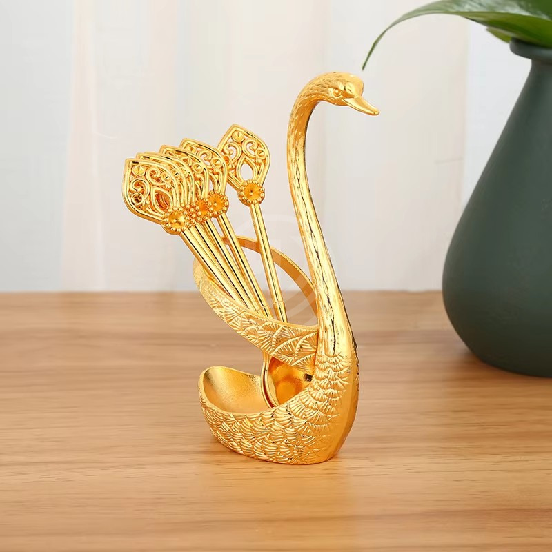 Gold Alloy Light Luxury Swan 6-pack Fruit Fork Cute Coffee Spoon Children's Dessert Tableware Modern Luxury Style Dinnerware