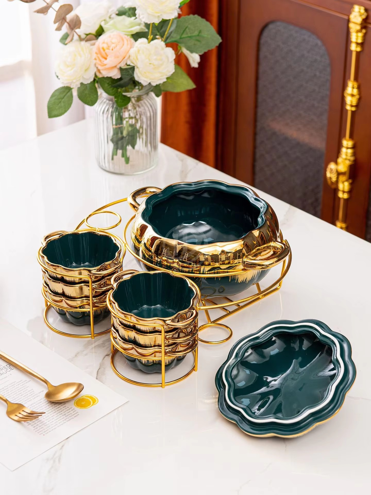 Two-Ear Soup Pot with Pumpkn Ceramic Household Cutlery for Candle Heating and Warmth Dinnerware Set