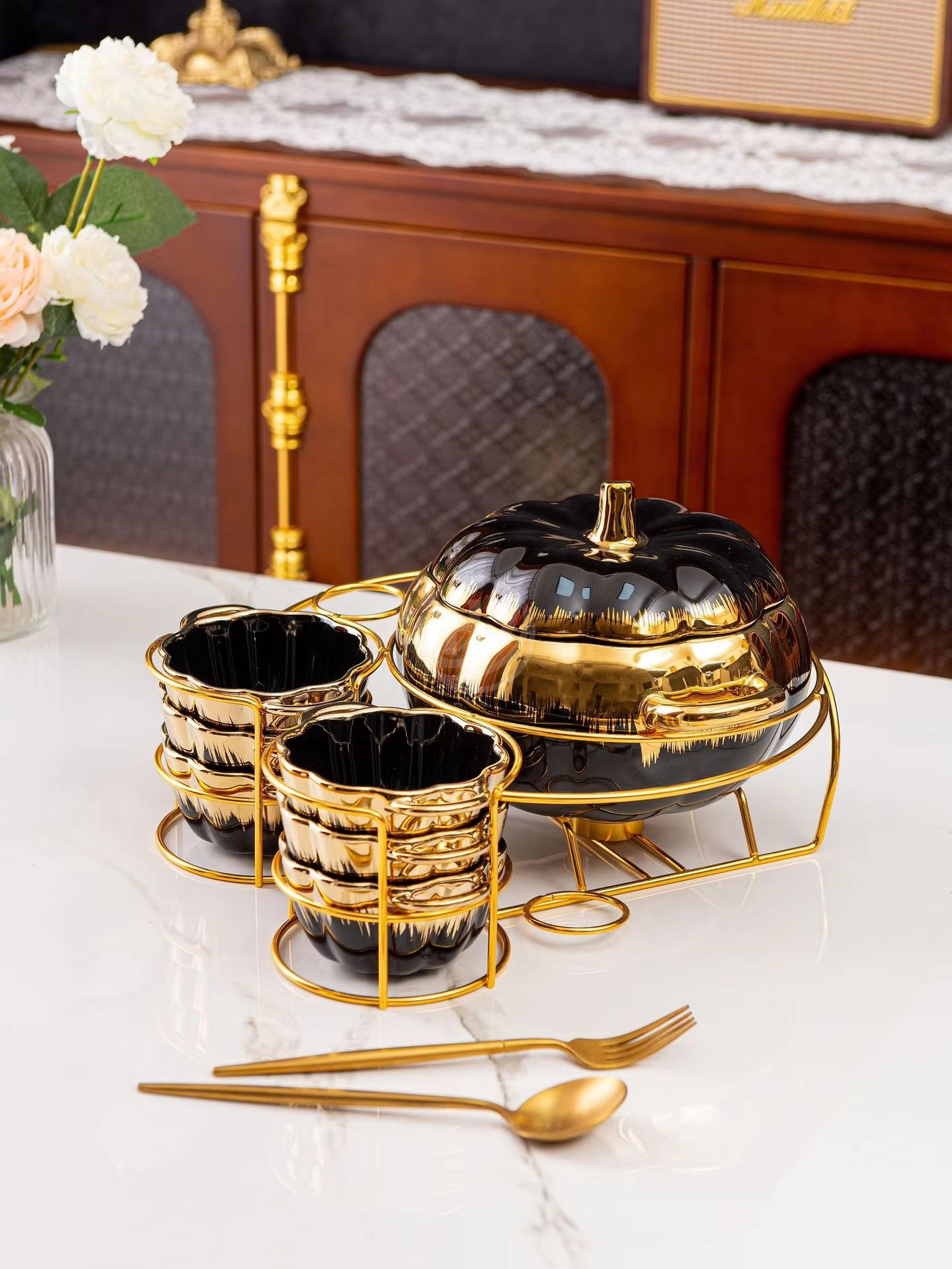 Two-Ear Soup Pot with Pumpkn Ceramic Household Cutlery for Candle Heating and Warmth Dinnerware Set