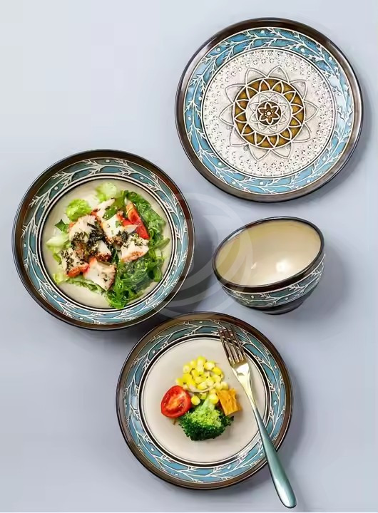 Vintage Style Blue Leaf Pattern Ceramic Charger Plates&Dishes Dinnerware Sets for Business Gifts and Kitchen Use